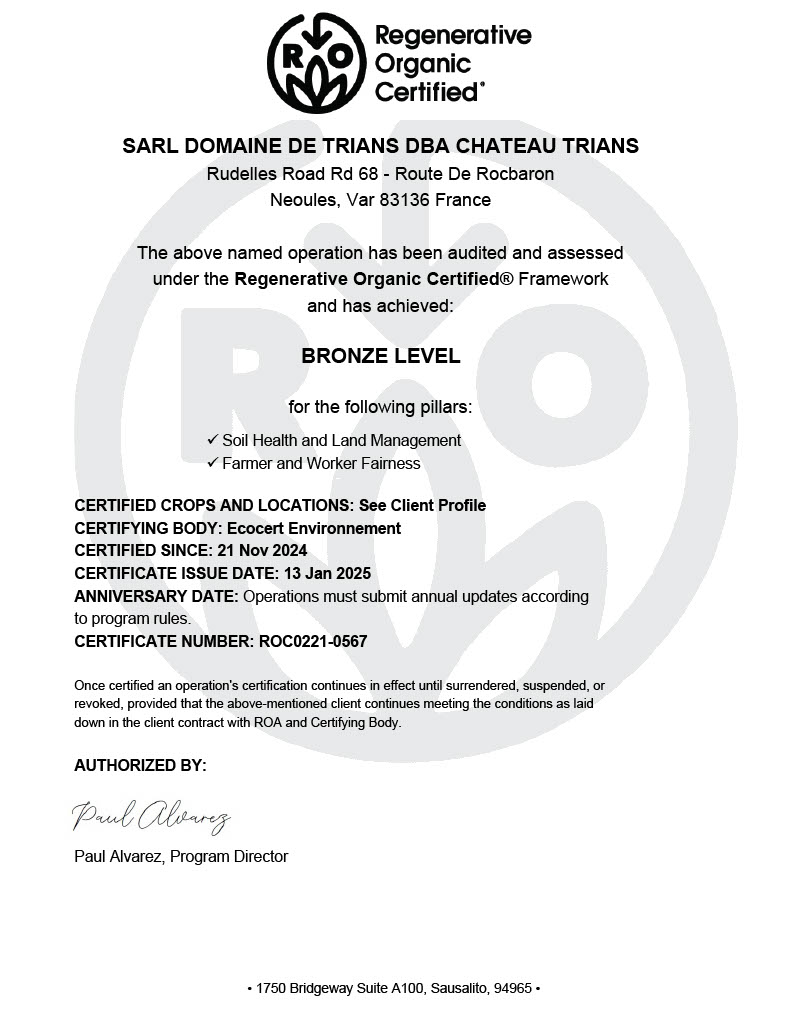 Vignoble du Domaine de Trian cultivé selon les principes de l’agriculture régénérative, dans le Var - Certificat | Page 1